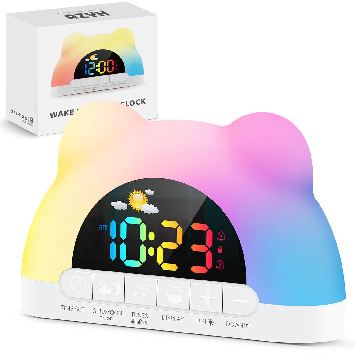 Réveil numérique enfant USB Azyh avec indicateur jour nuit et 11 veilleuses RVB