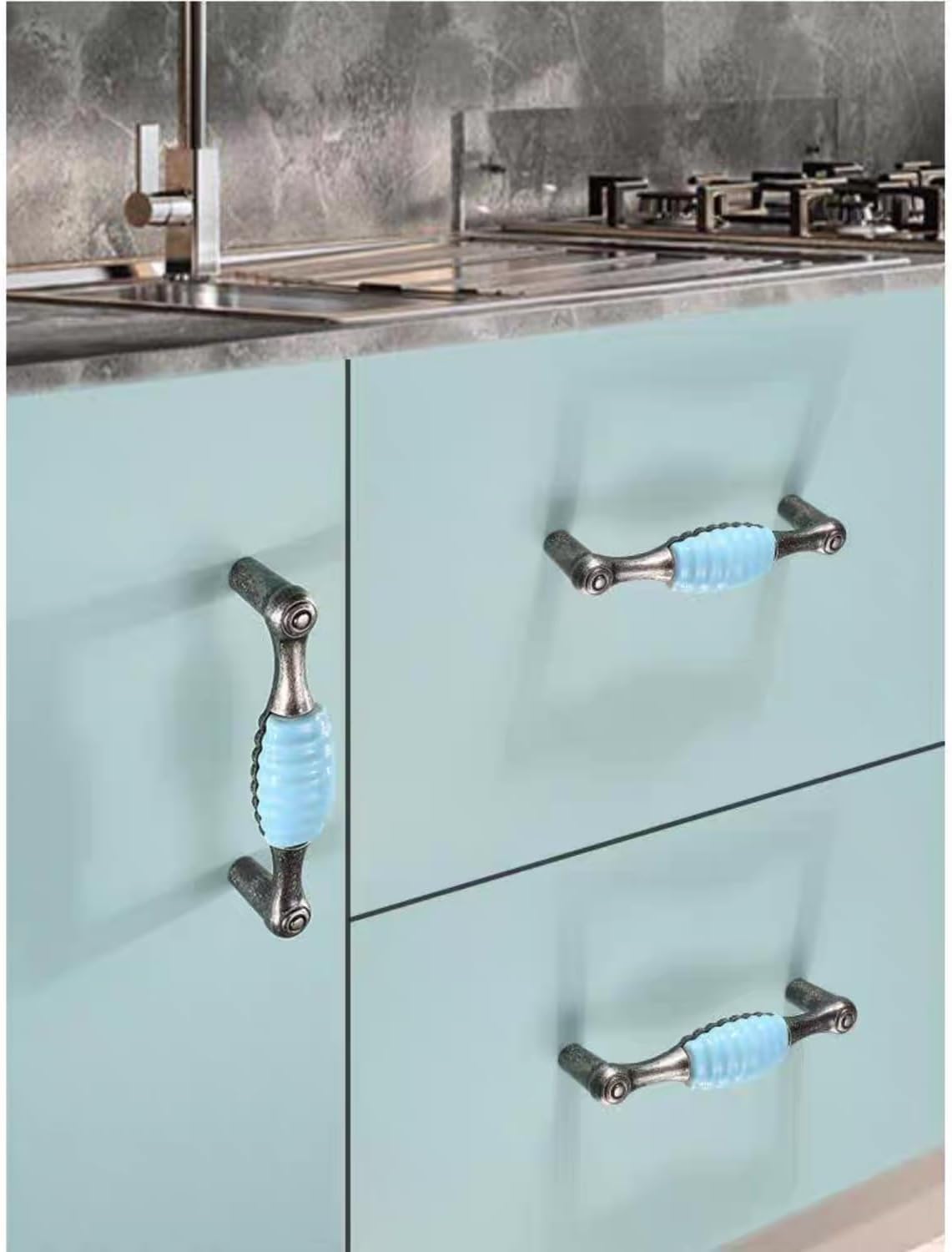 Ceramic Nautical Cabinet Pulls for Dresser Cupboard Wardrobe Door Closets, Aqua Blue Zinc Alloy Beach/Ocean Theme Drawer Handles 3-3/4 Inch/96mm Hole Center, 4 Pack