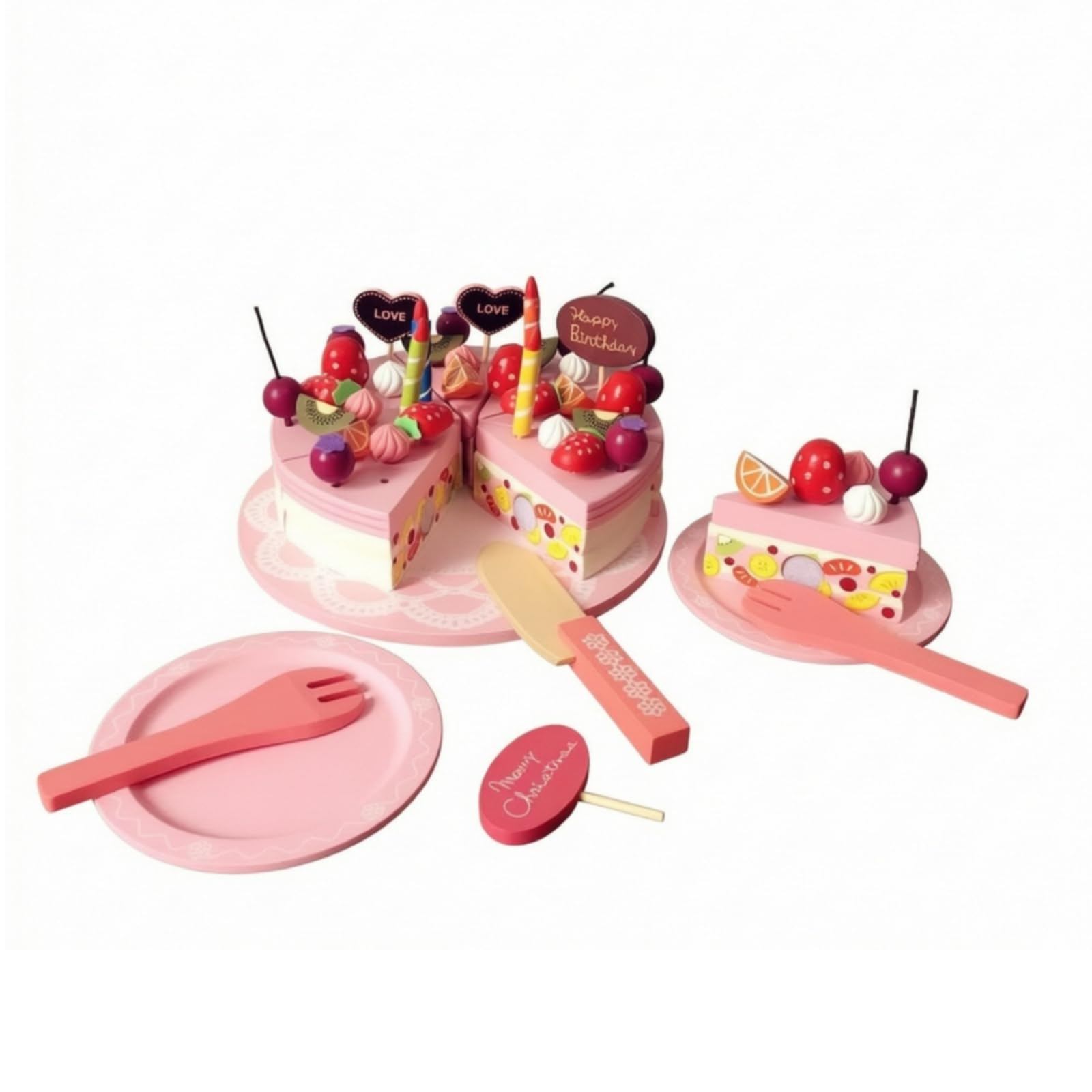 F Fityle Pastel de Cumpleaños de Juguete para Niños con Torta para Cortar Set de Cocina de Madera Platos Cuchillo y Cubiertos Decoraciones de Crema y Frutas
