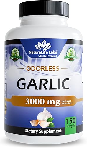 NaturaLife Labs Ajo inodoro – equivalente a 3,000 mg por porción – 150 cápsulas blandas – extracto concentrado de bulbo de ajo con aceite de oliva