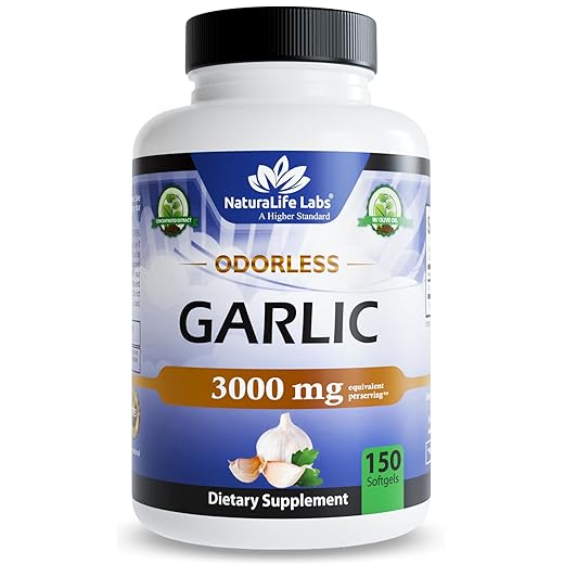 Odorless Pure Garlic 3000 mg per Serving Maximum Strength 150 Soft gels Promotes Healthy Cholesterol Levels Immune System Support
