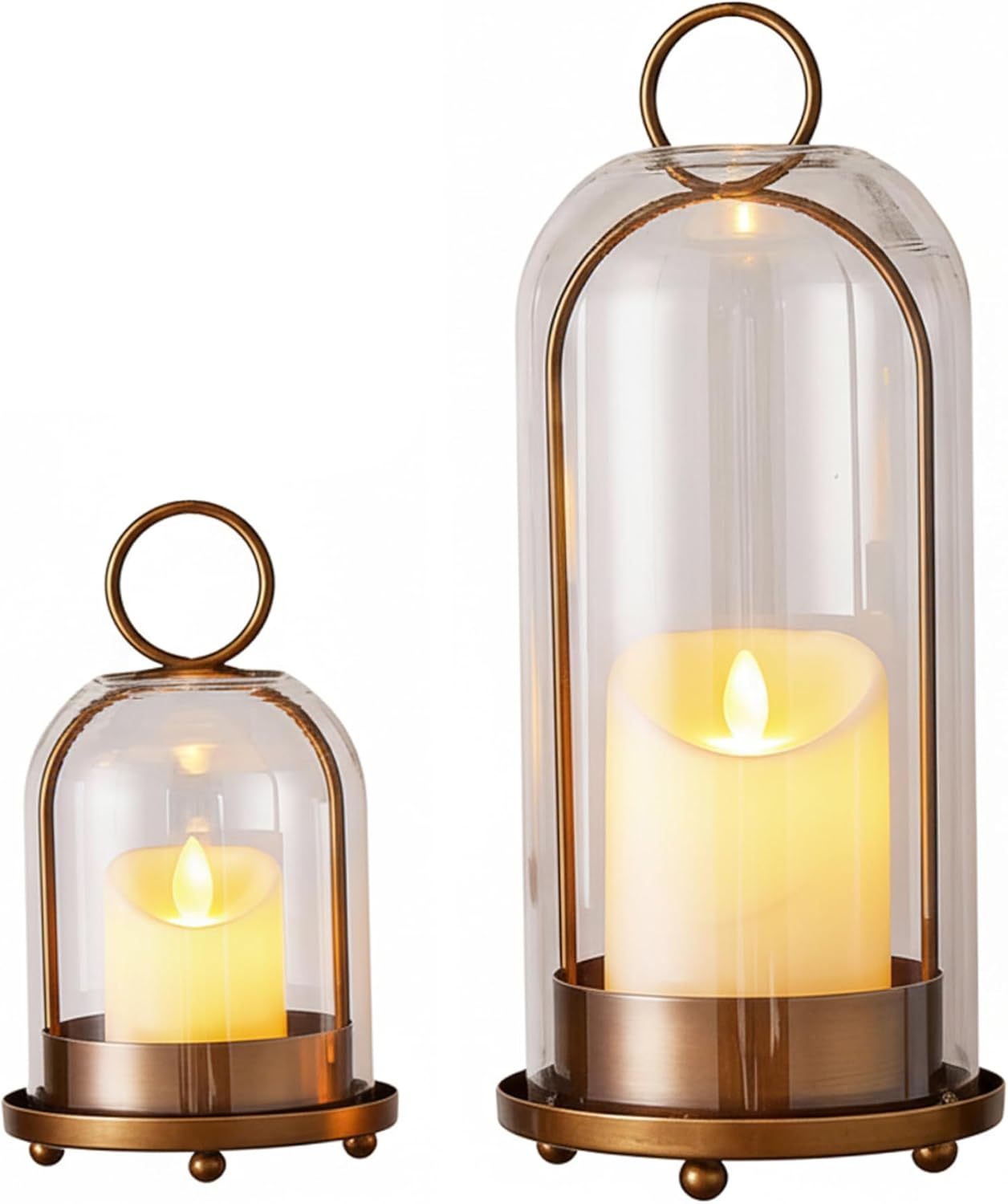 Set of 2 Hurricane Glass Candle Holders, Golden Metal Candle Holder for Rustic Farmhouse Decor, Clear Glass Candles Holder for Tabletop or Wall Hanging