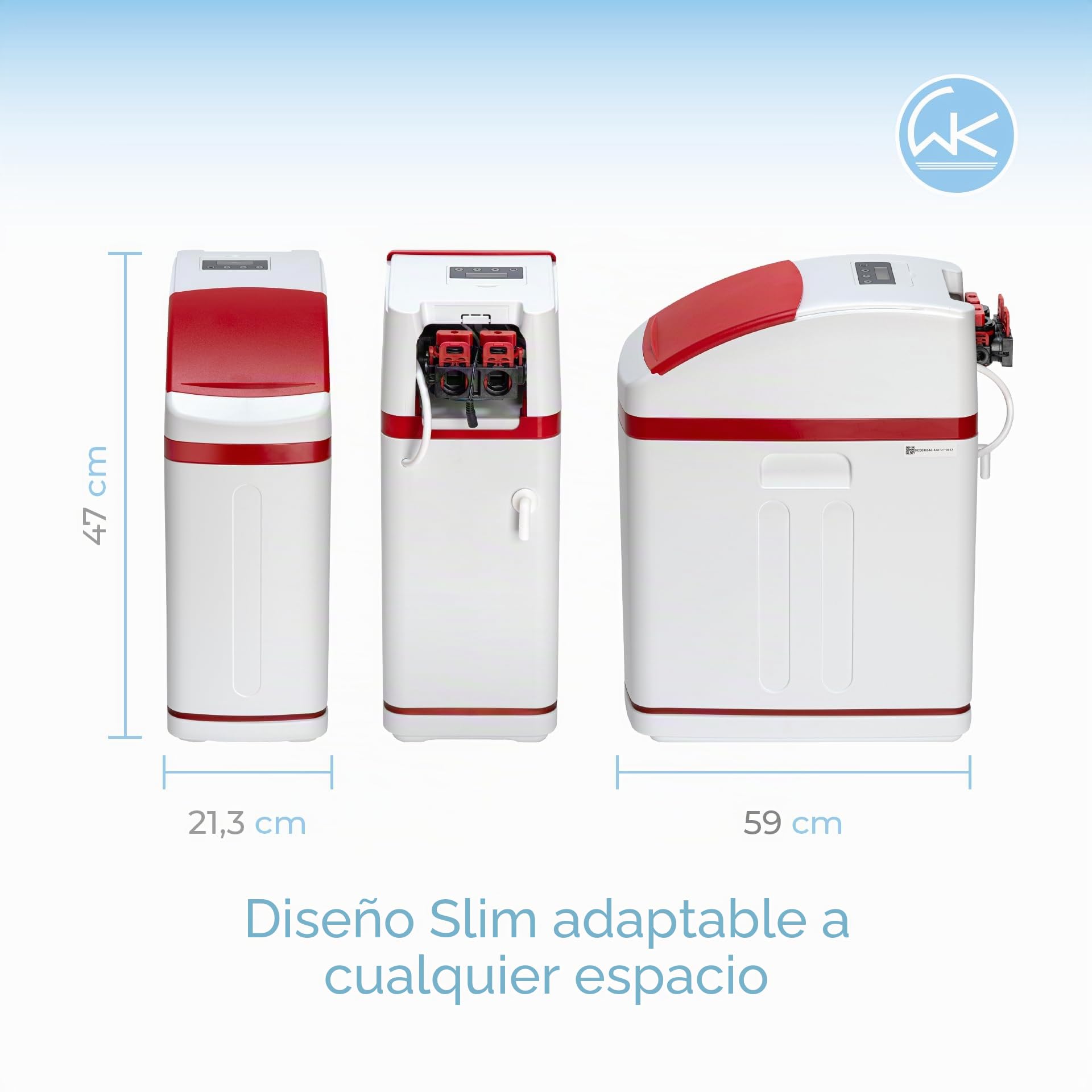Ablandador de agua WK Slim Shark blanco – Filtrado eficaz, diseño delgado para ahorrar espacio, ideal para 3-4 personas