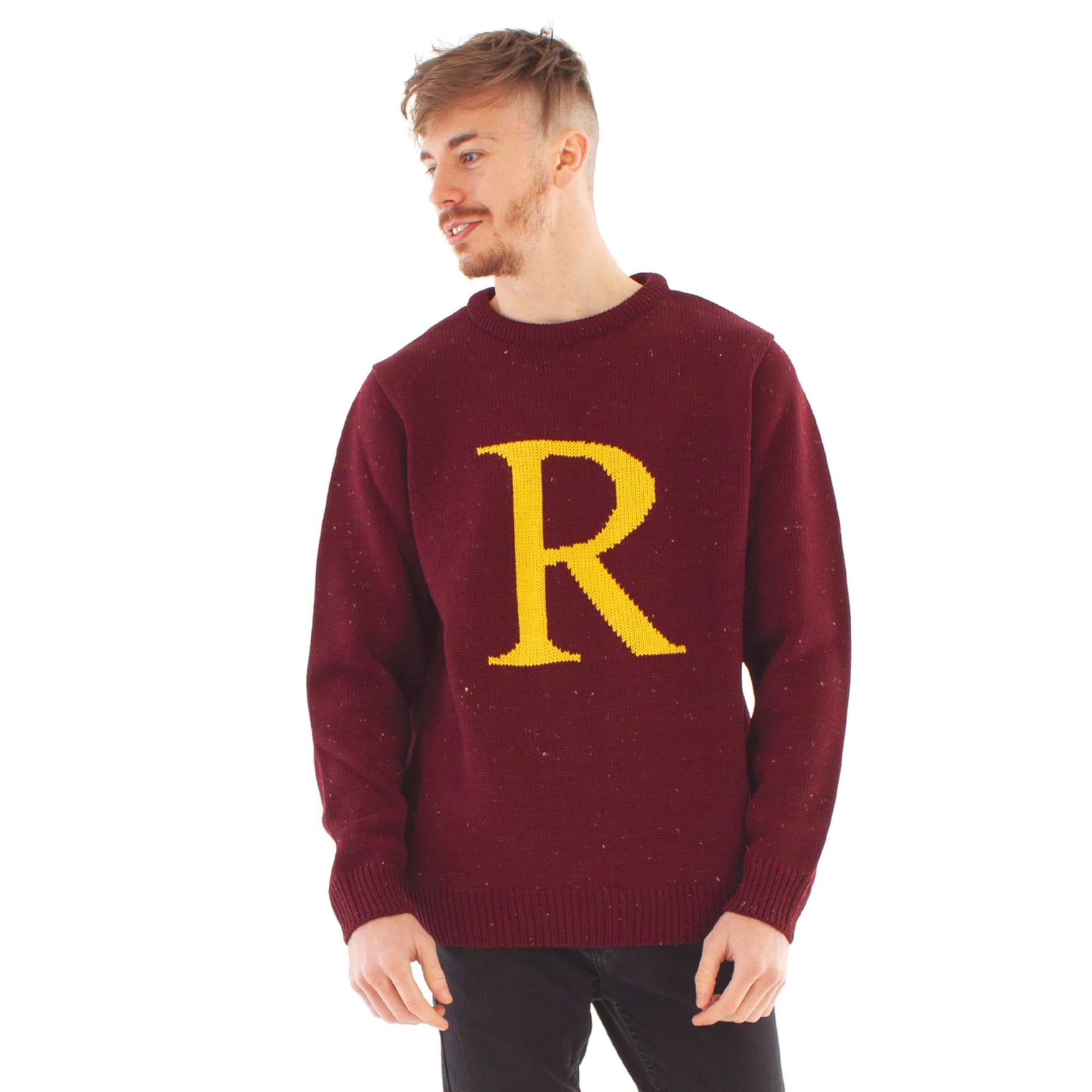 Harry Potter R dla Rona Świąteczny Sweter dla dorosłych | Męska i damska bluza z dzianiny Ron Weasley Letter R | Xmas Movie Gadżety Odzież Prezent w kolorze czerwonym | Świąteczny prezent z Hogwartu
