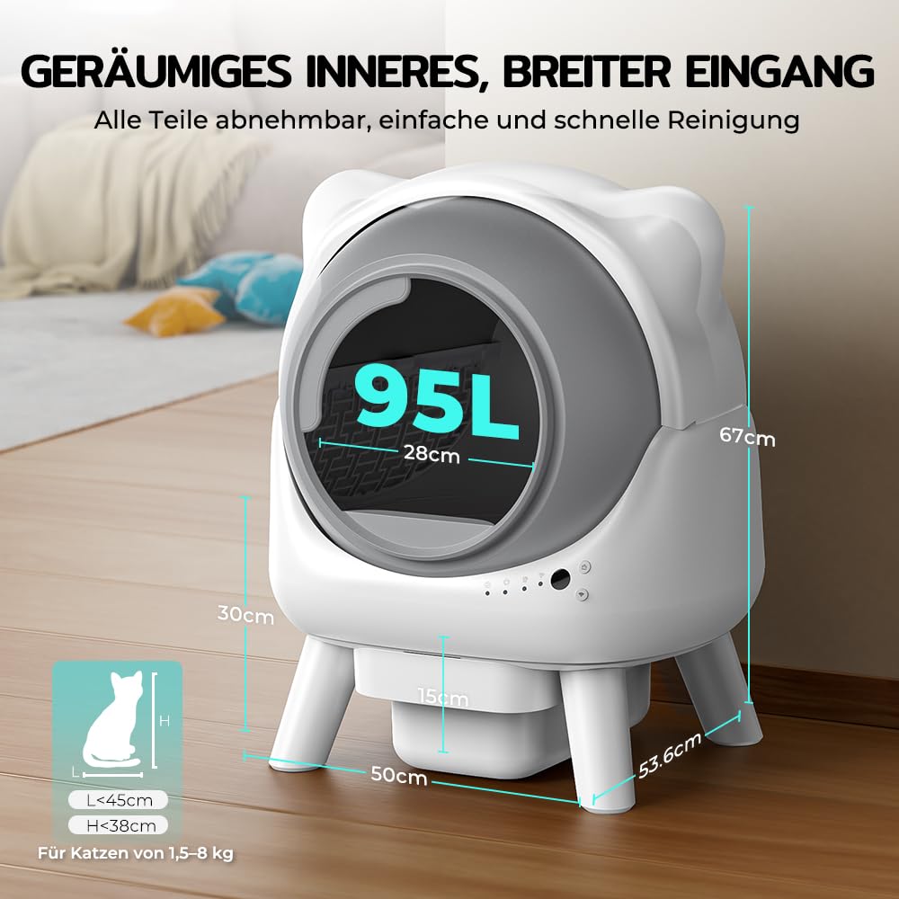 Redkey X1 Selbstreinigende Katzentoilette, 95L Elektrische Automatische Katzentoilette, Geruchsbeseitigung, App-Steuerung, Große Fassungsvermögen, für alle Streuarten, Ideal für Mehrere Katzen (Weiß)