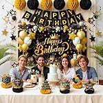 Happy Birthday Party Decoration Set: Including Birthday Banner Backdrop, Party Table Centerpieces and Hanging Swirl Party Streamers, Birthday Decor Suppliers for Men and Women (Black and Gold, Birthday Party) - Image 3