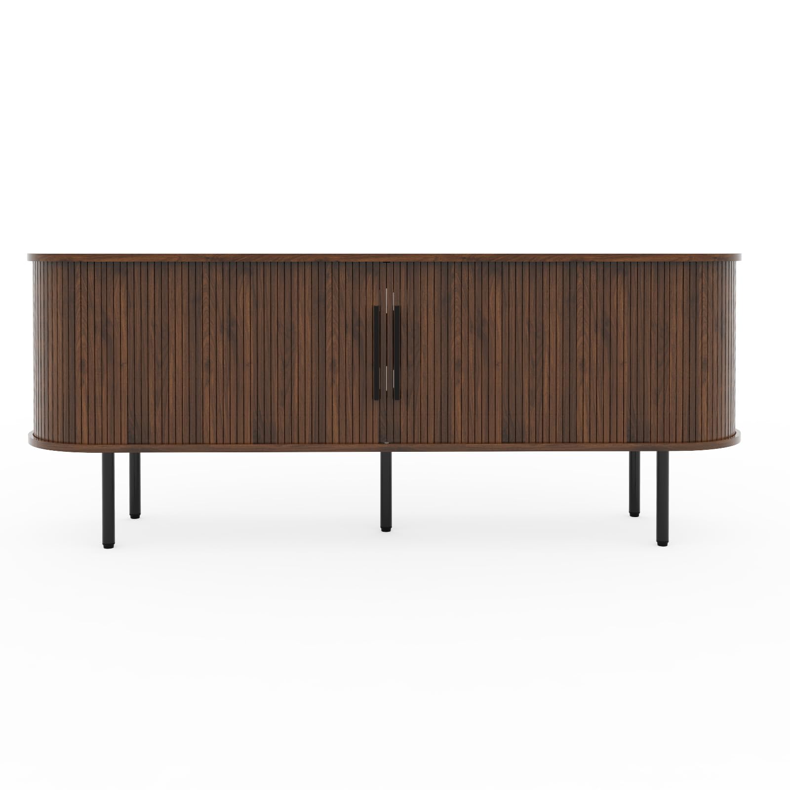 LEADZM Meuble TV avec 2 Portes Coulissantes Étagère Ajustable pour Salon et Chambre à Coucher, Style à lamelles Verticales, 147 x 35 x 58 cm (Noyer)