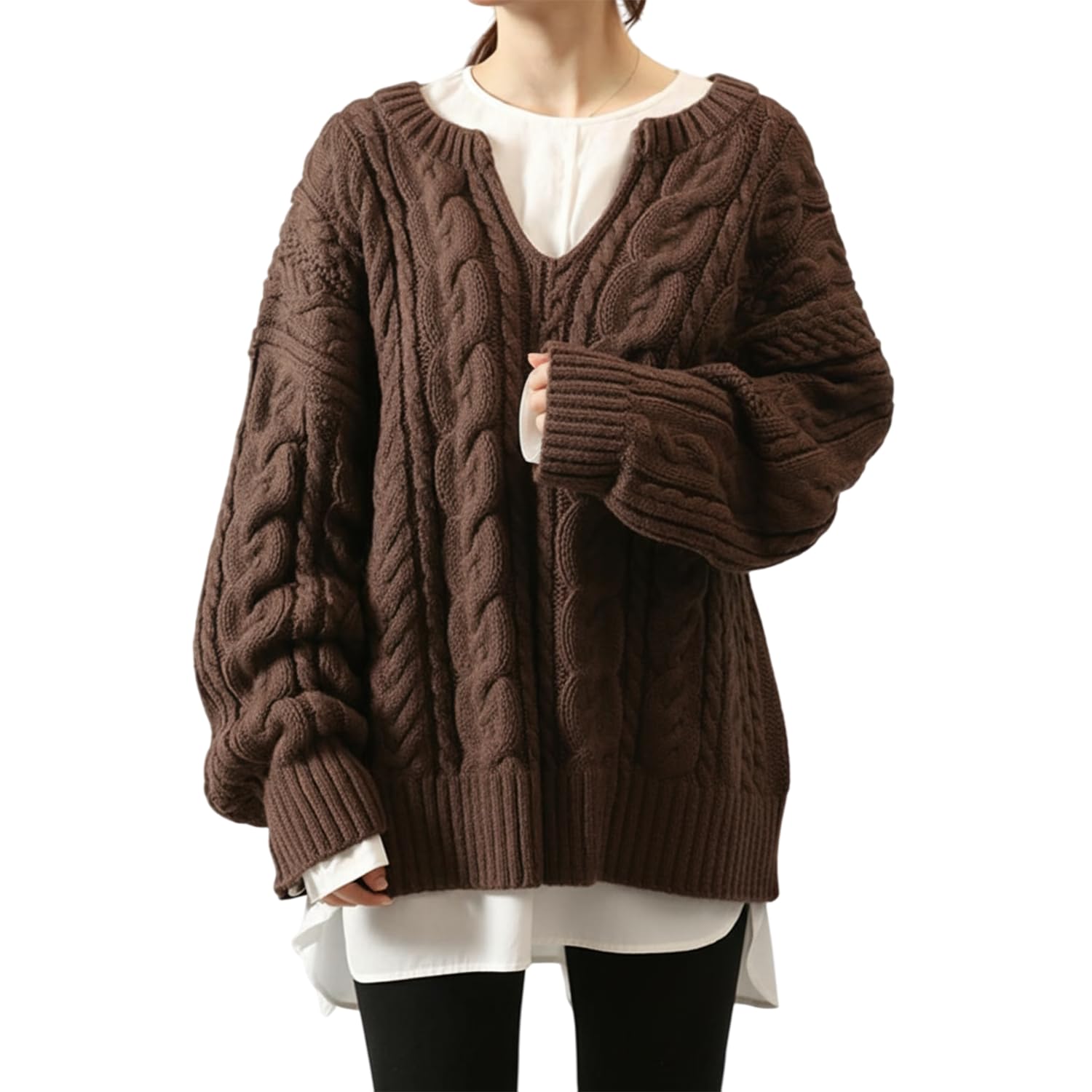 Womens Cable Knit V Neck Sweater Long Sleeve Pullover Top 2025 Fall Winter Collection Soft Fitted Knitwear Business