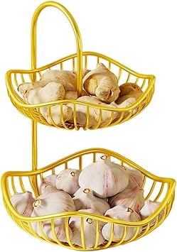 Fruit Basket,Baskets for Kitchens,Kitchen Countertop Rack,Two Tiered Holder Bread and Veg,Multipurpose Food Organizer Shelf,Etagere in Keeping Fruit,VegetablesSizeM,ColorGold