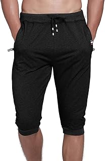 Men's Yoga Gym Shorts Cotton Casual 3/4 Jogger Capri Pants Below Knee Shorts Cropped Pants Zipper Pockets