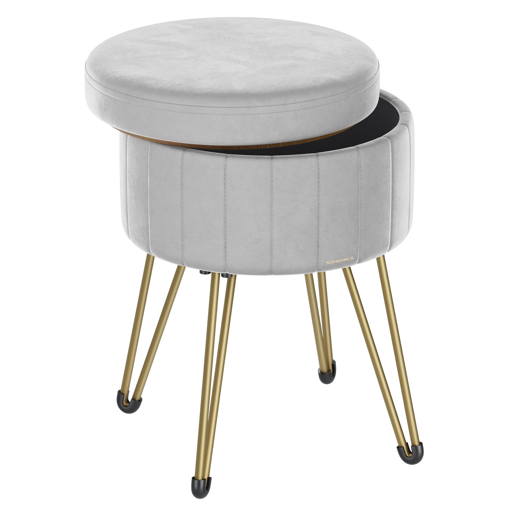 SONGMICS Storage Ottoman, Velvet Dressing Table Stool, 39 x 44.4 cm (Dia. x H), Round Storage Stool Seat, 4 Metal Legs, for Dressing Room, Living Room, Bedroom, Dove Grey LOM003G52
