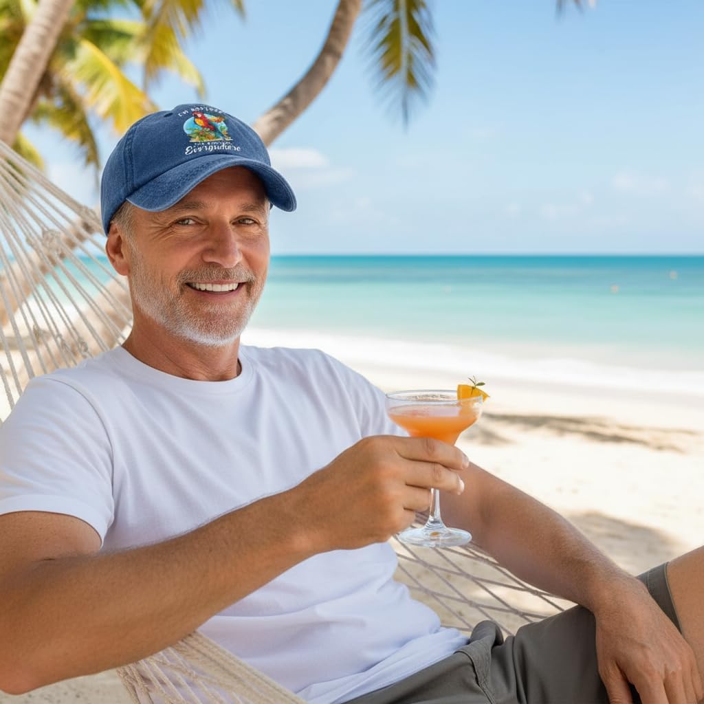 Retirement Baseball Cap, Navy Blue Cotton, Parrot and Cocktail Design, 5 O'Clock Everywhere, Adjustable Casual Hat