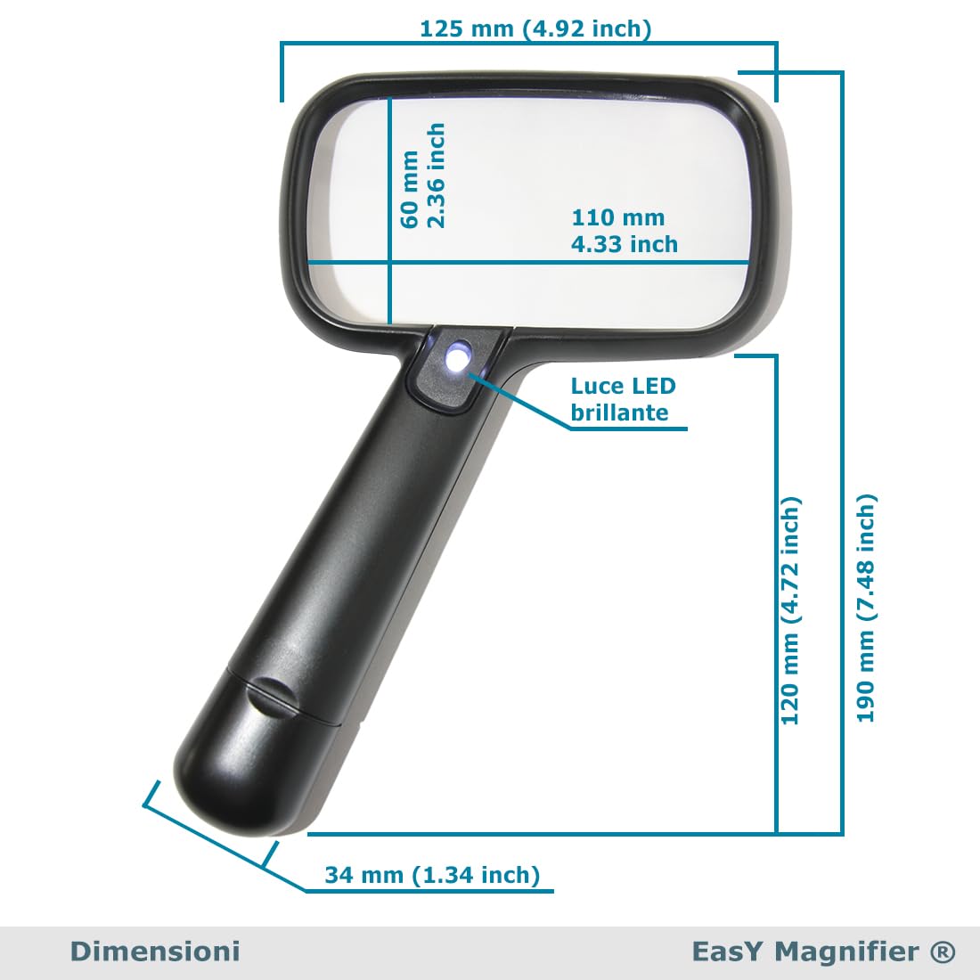 Lente di ingrandimento 2.0X con luce LED per libri; Grande lente a mano con batteria e cavo di ricarica USB; Vetrino ingranditore ricaricabile per leggere, lente come ausilio visivo e regalo pratico.