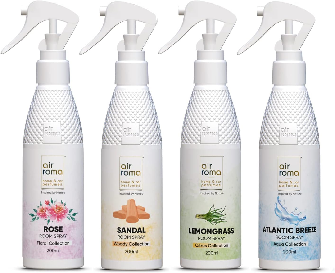 Air Freshener Spray Combo of 4 (200ml Each) | Atlantic Breeze, Sandal, Lemon Grass, Rose | Long-Lasting Odour Eliminator for Living Room, Hotels, Work Space, Office, Toilet