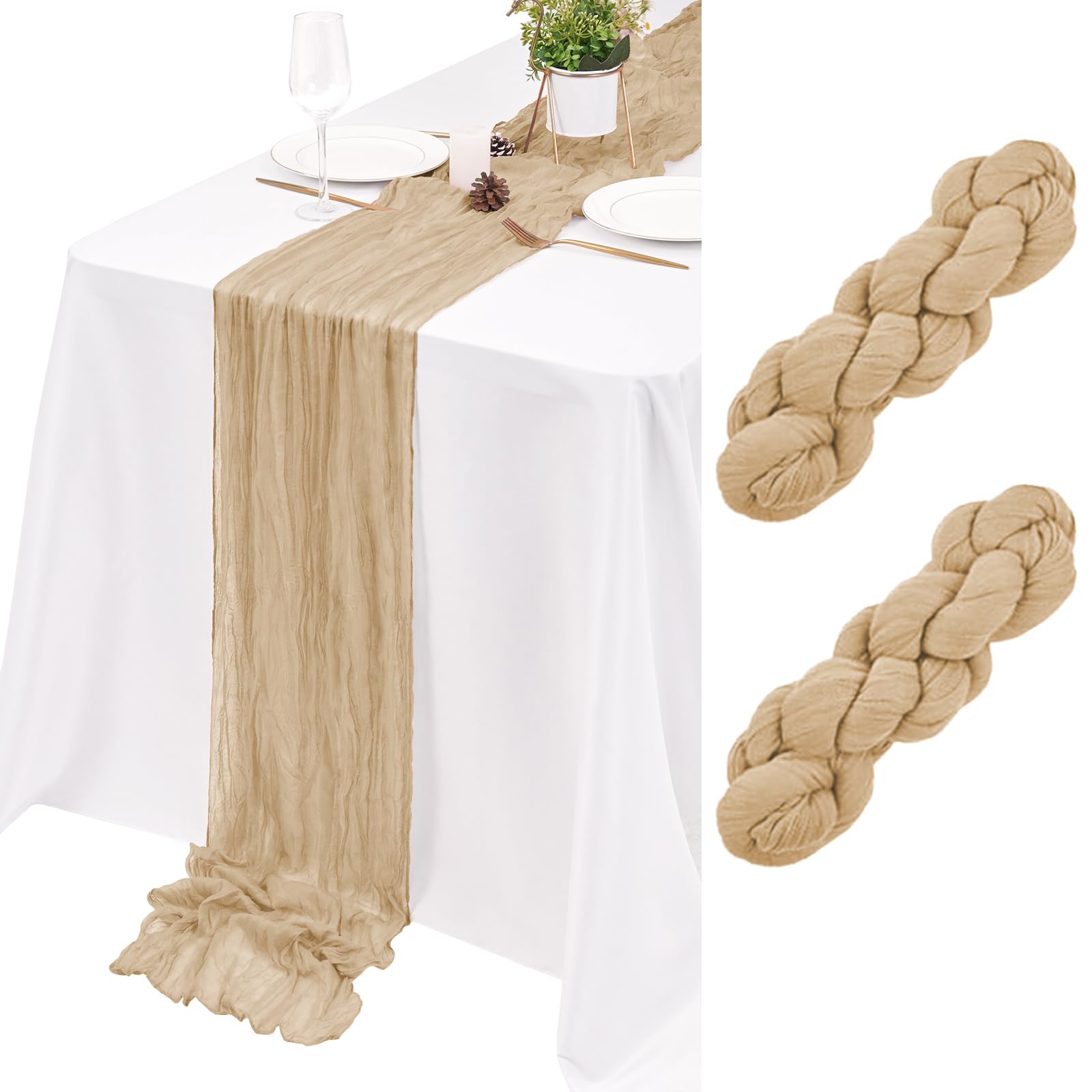 2 Pack Beige Cheesecloth Table Runner 17×108inches Table Runner Wedding Decor Boho Gauze Cheese Cloth Table Runner for Wedding Party Baby Bridal Shower Birthday Holiday Home Easter Party