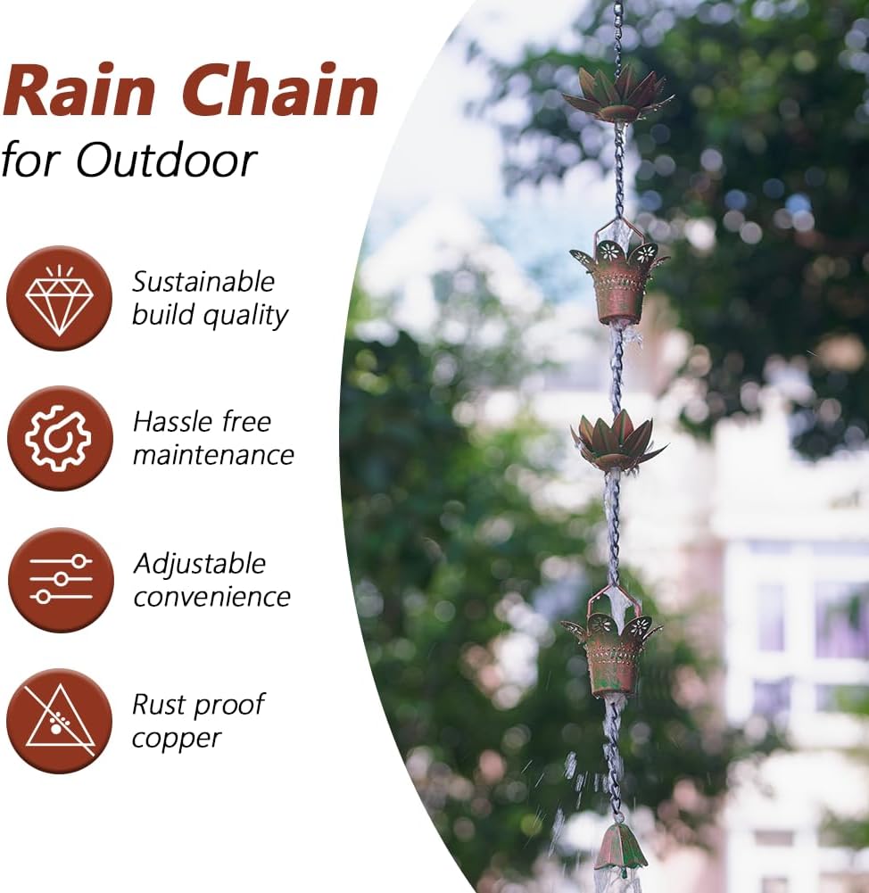 10 ft Rain Chain with 16 Cups, Lotus Rain Chains for Gutters, Adjustable Rain Catcher Chain for Outside, Replacement Downspout for Gutters, Eaves, Drainage