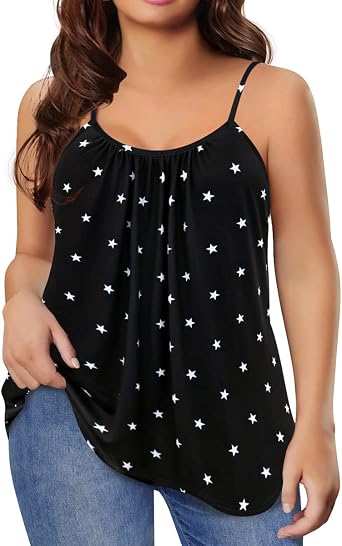 TIYOMI Plus Size Tank Tops for Women Loose Cami Spaghetti Strap Tops Button Pleated Vest Summer Camisole Sequin/Floral XL-5XL
