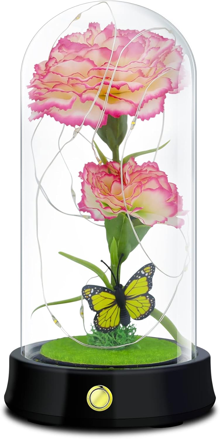 QUELIEN Mothers Day Carnation Flowers Gifts for Mom,Pink Artificial Carnation in Glass Dome with Led Light for Mother's Day,Birthday,Christmas