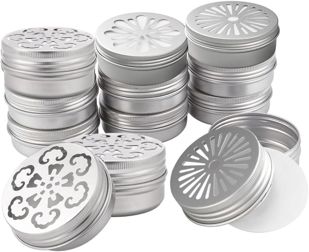 PH PandaHall 12pcs Air Freshener Tins 3 Style Scent Beads Container 2 Ounce Aluminium Metal Container Empty Storage Tins with Hollow Lids for Aromatherapy Air Freshener Travel Storage 2.68x1.36 inch