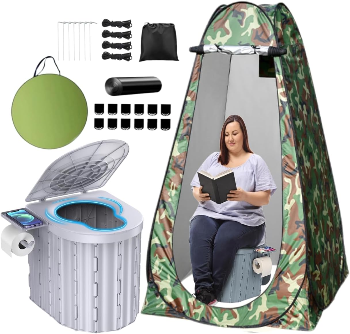 Portable Toilet and Privacy Tent for Adults, Outdoor Portable Toilet for Camping Pop Up Potty Tents with 12 Toilet Bags, Pop-up Tents for Toilet, Travel, Changing (Grey+Tent)