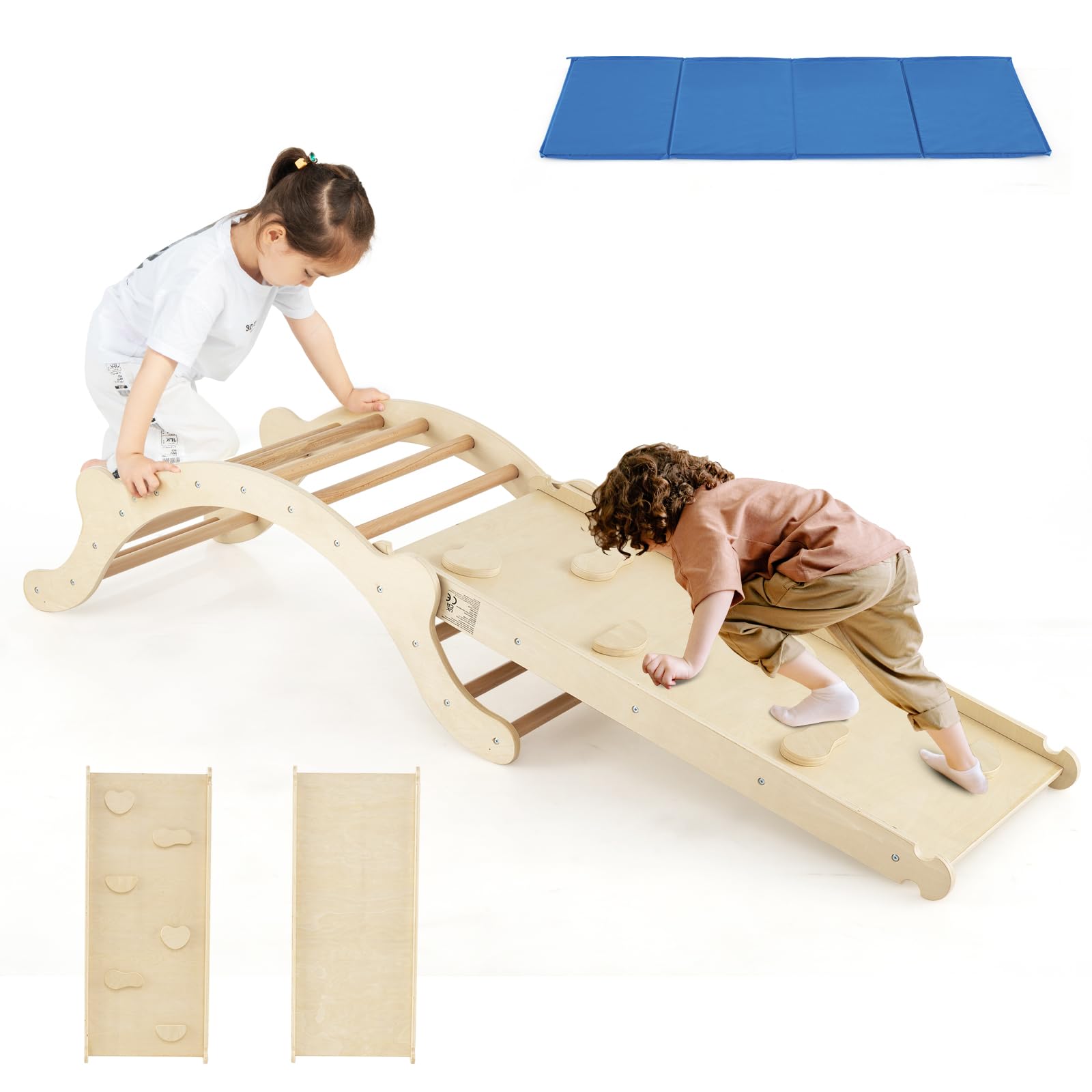 COSTWAY 3-in-1 Toddler Climbing Frame, Kids Wooden Arch Swing with Blue Mat and Reversible Ramp for Crawling, Indoors Outdoors Kids Ladder Rocker (Natural)