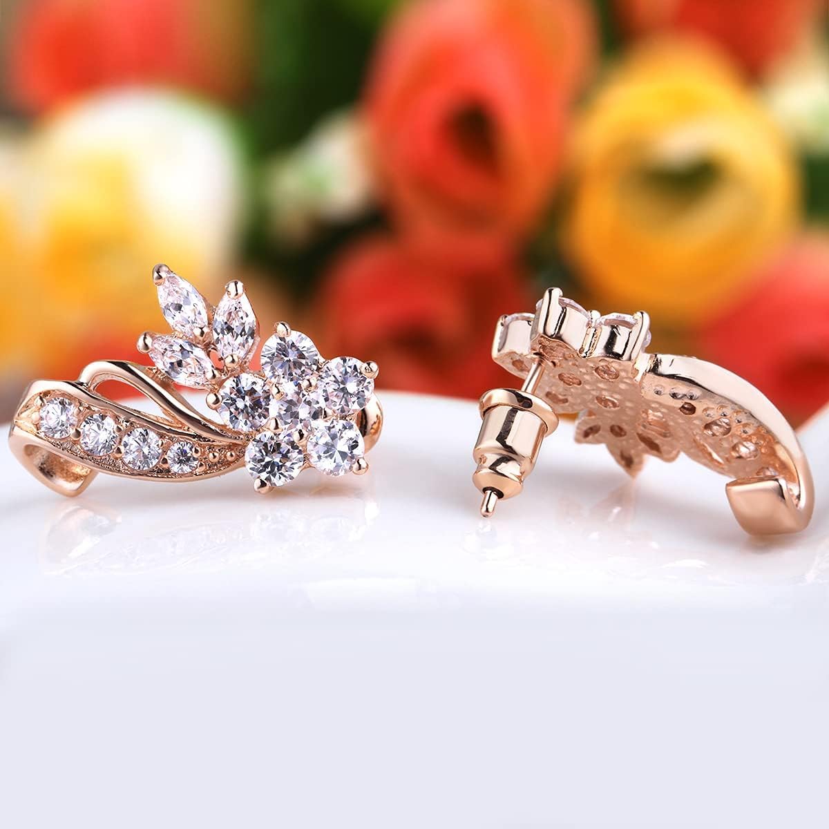 BISAER Rose Gold Plated Star Stud Earrings for Women, Trendy Unique Sparkly Multicolor CZ Flower Earrings Fashion Jewelry Gift for Ladies - Image 6