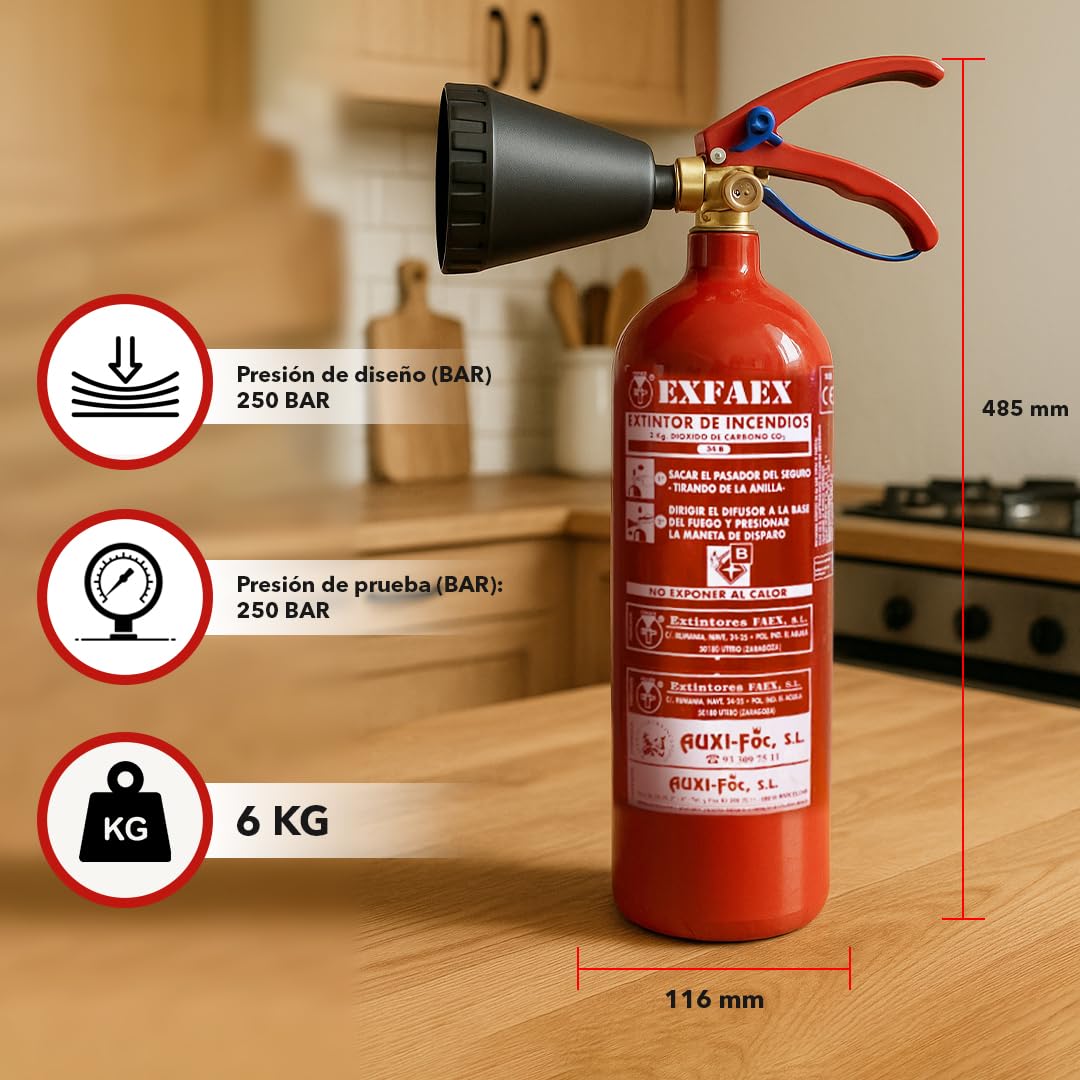 AUXI-FOC | Extintor de gas CO2, 2Kg | Ideal para Cocina, Coche, Hogar, Oficina o Taller | Extintor de Coche o Casa Compacto y Seguro | Extintor Fiable | Extintor de Incendios Potente y Eficaz.
