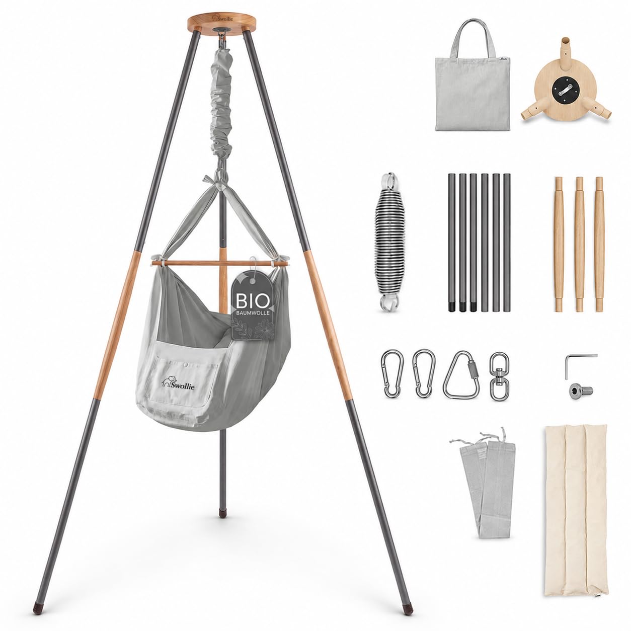 Premium Federwiege Grau mit Tipi Anthrazit - für Babys ab Geburt bis 15 kg - geborgener und sicherer Babyschlaf - Bio-Baumwolle und Matratze mit Schafwolle -