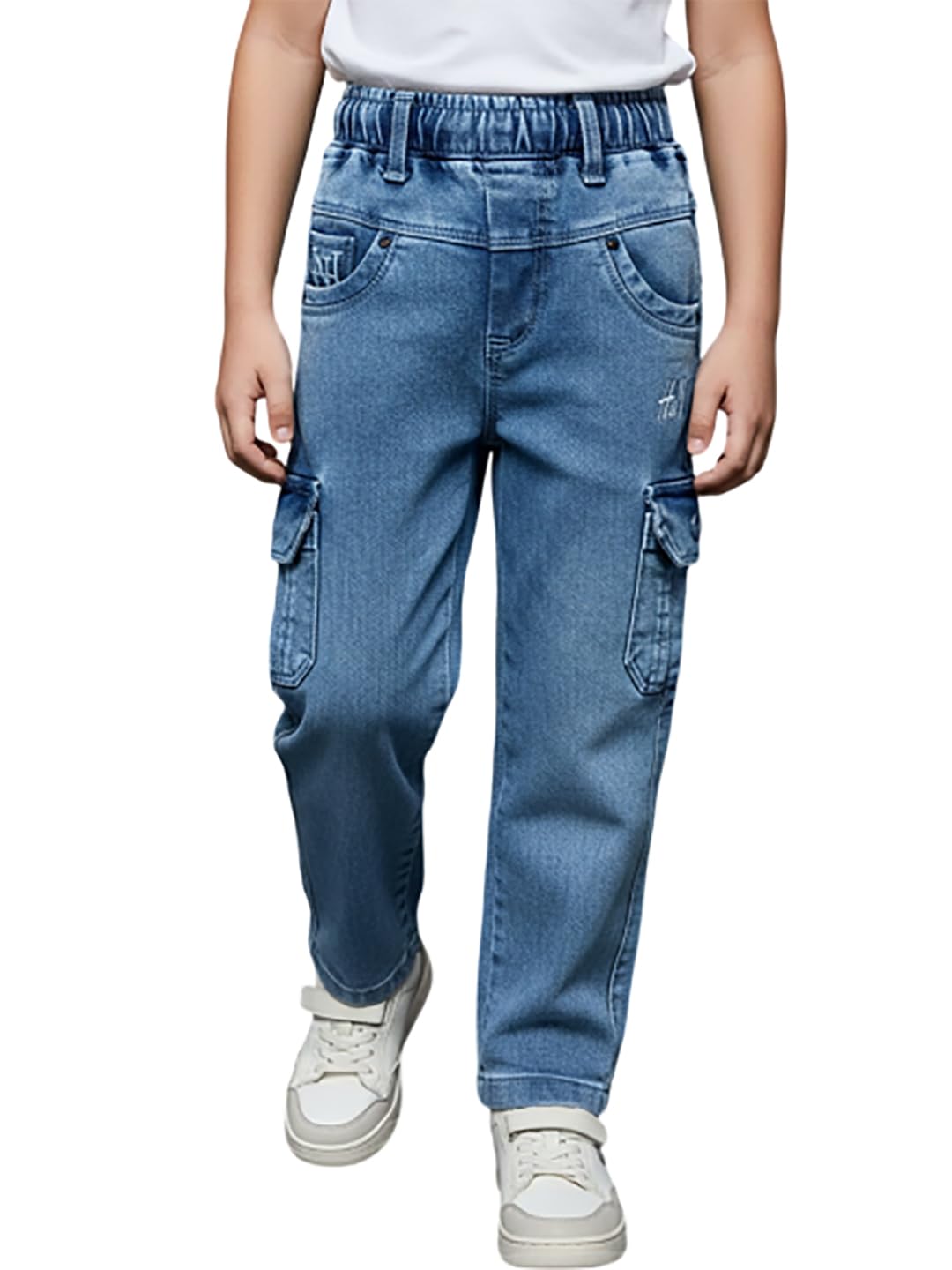 Perfect for a Day in the Park or Playdate, This Pair of Jeans. It has a Drawstring Waist, Tonal, Faded Patches, Embroidere...