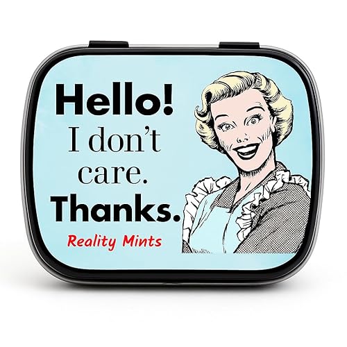 I Don't Care Thanks Mints  Wintergreen Breath Mints  Regalo novedoso de dulces para mujeres  Lata coleccionable con bisagras de caramelo sin azúcar