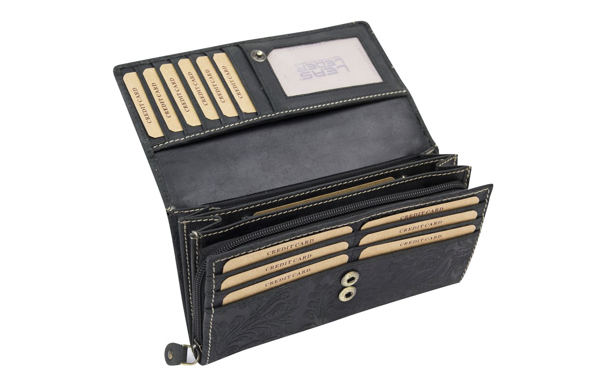 LEAS Große Damenlangbörse Natur Damen Portemonnaie im Vintage Look Echt-Leder, schwarz