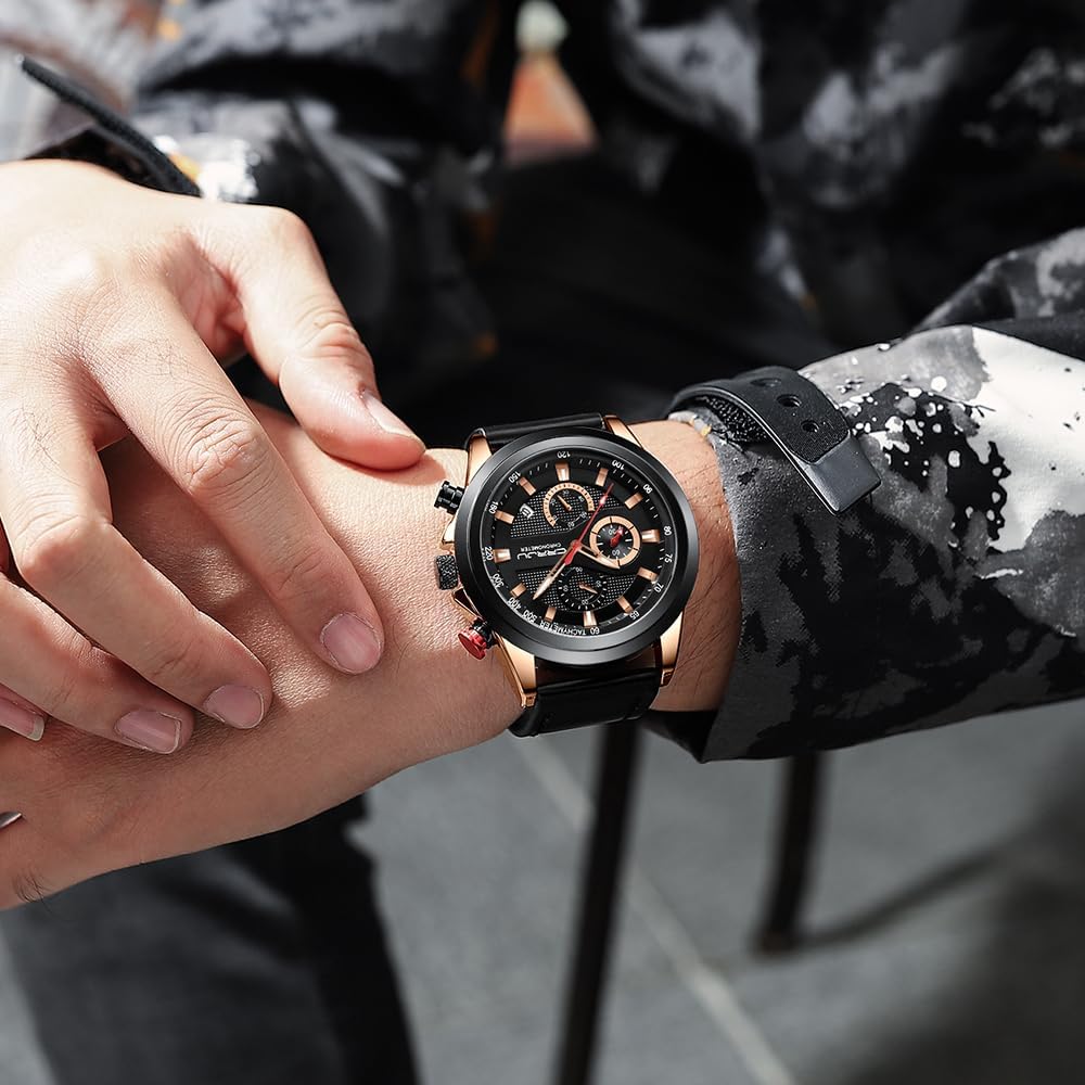 CRRJU Men's Watches, Business Casual Chronograph Quartz Waterproof Wristwatch Black Leather Strap Watch for Man - Image 2