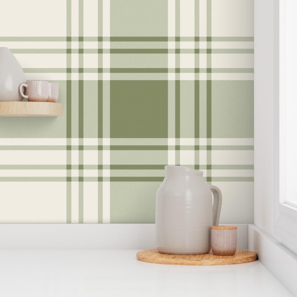 Peel & Stick Wallpaper 6ft x 2ft - sage Green Plaid,Large Scale,Simple Check,Heritage Classic,Farmhouse Tartan Custom Removable Wallpaper by Spoonflower