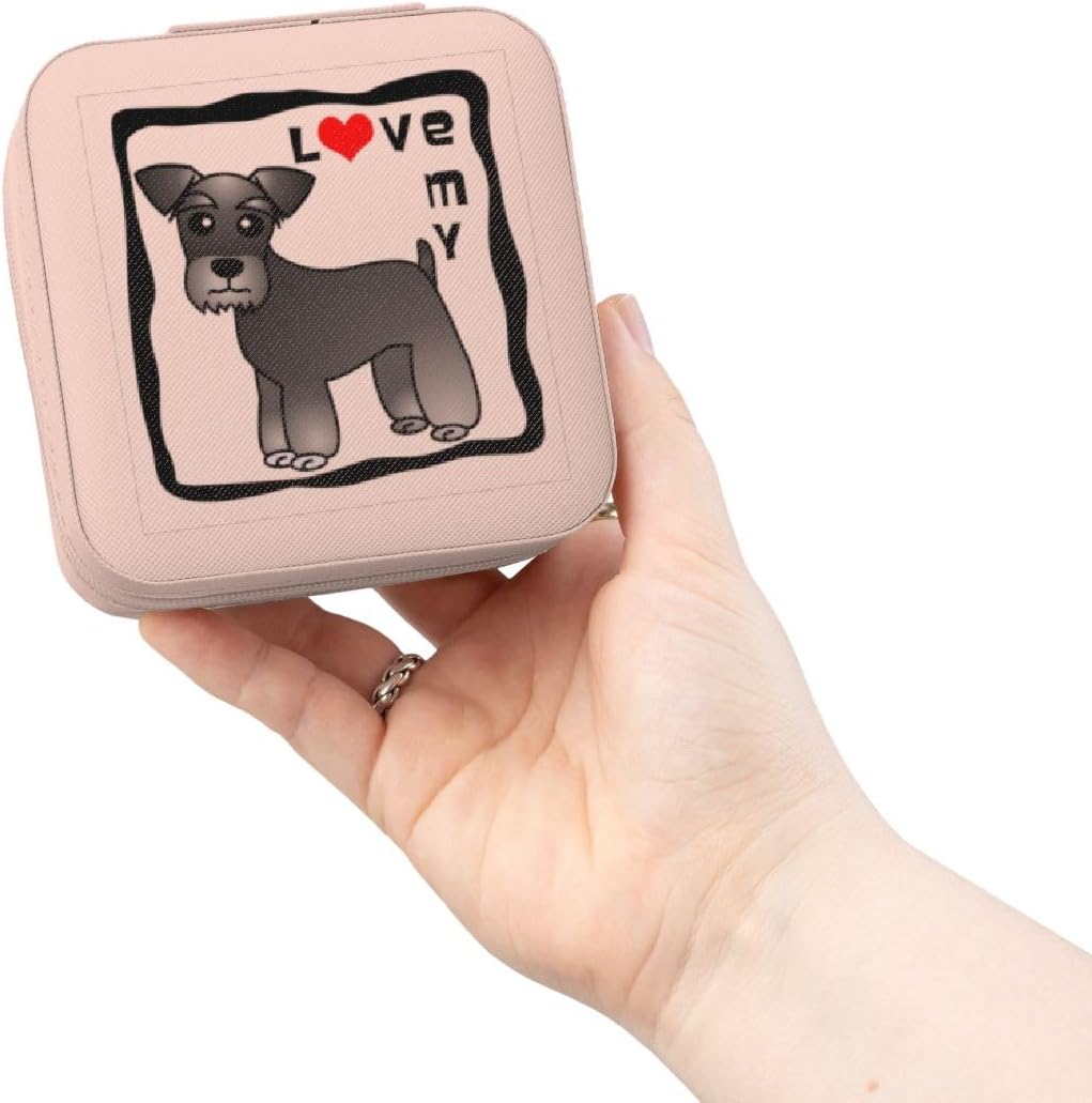 3dRose I Love My Miniature Schnauzer Dog - Banded Coat (Salt and Pepper) - Red Heart Jewelry Travel Case Pink