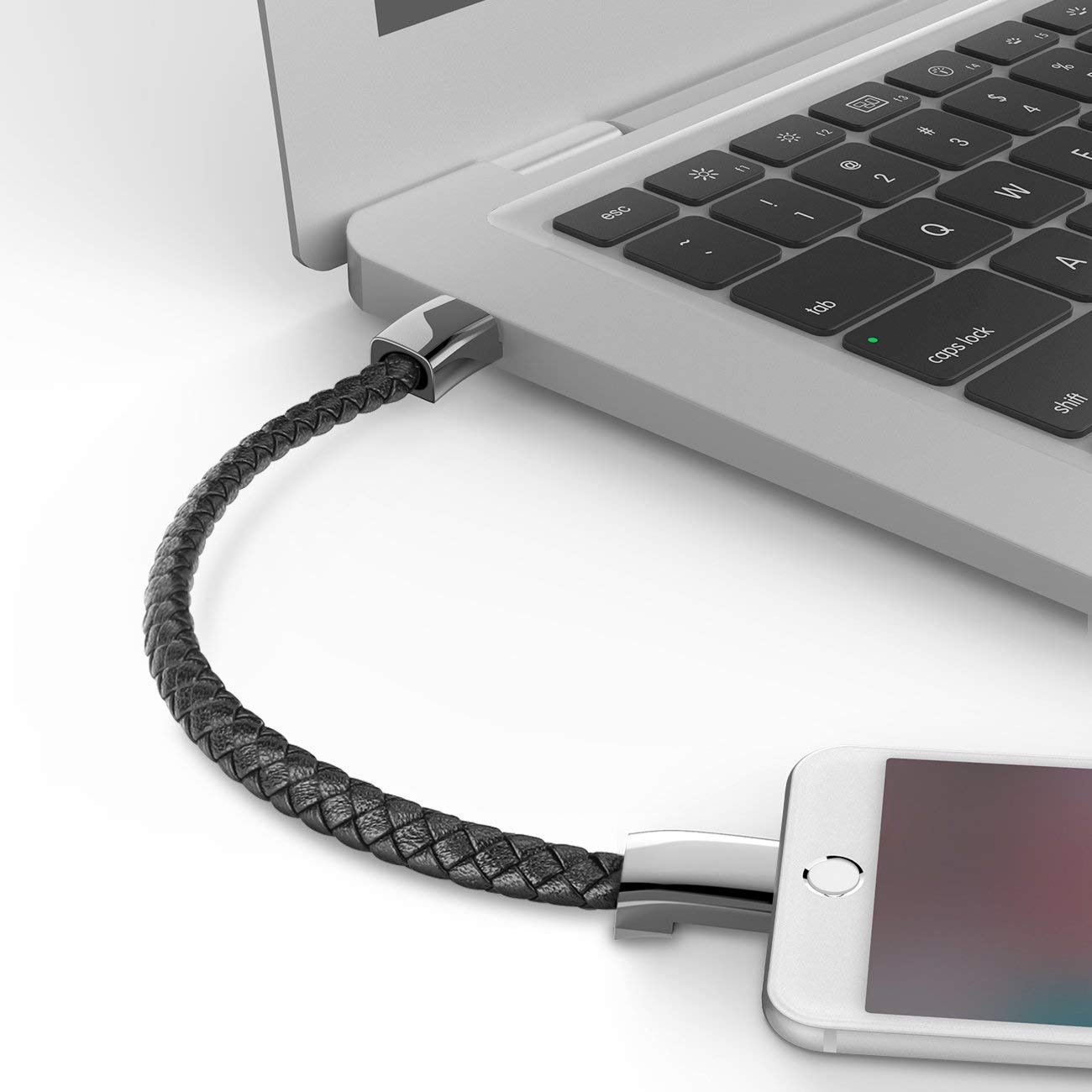Cable de carga Pulsera de cuero trenzado Muñeca para Android 22CM (negro)