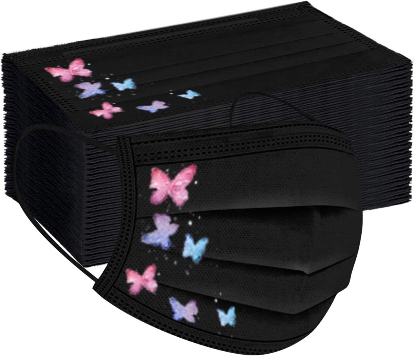 50Pcs Butterfly Printed Black Disposable_Face_Masks for Adult,3-ply Face Protection Covering with Elastic Earloop & Nose Clip,Comfortable & High Filtration &Ventilation (C), YLK-8054