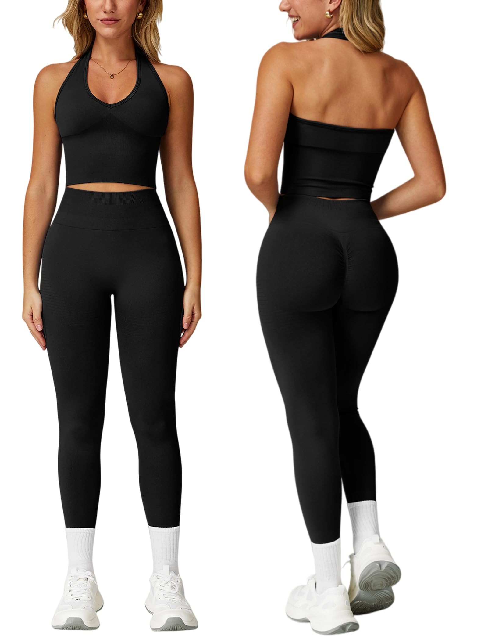 Odizli Set sportivo da donna, con scollo a V, reggiseno a vita alta, leggings da palestra, fitness