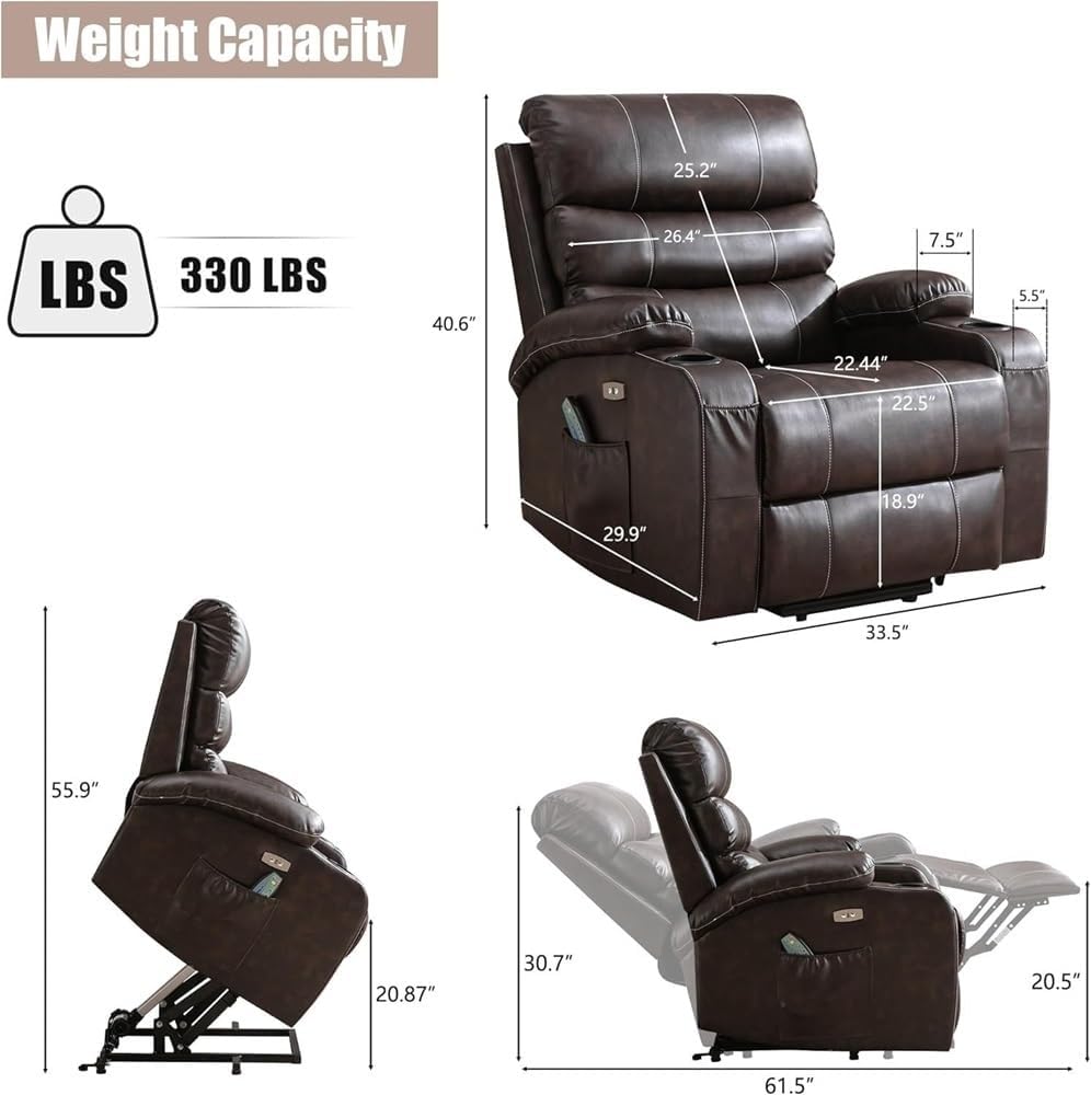 Power Lift Recliner Chair for Elderly, Electric Leather Reclining Sofa with Heat and Massage, Ergonomic Living Room Chair with USB Port, Cup Holders, Side Pockets, Comfortable Lift Assist Recliner