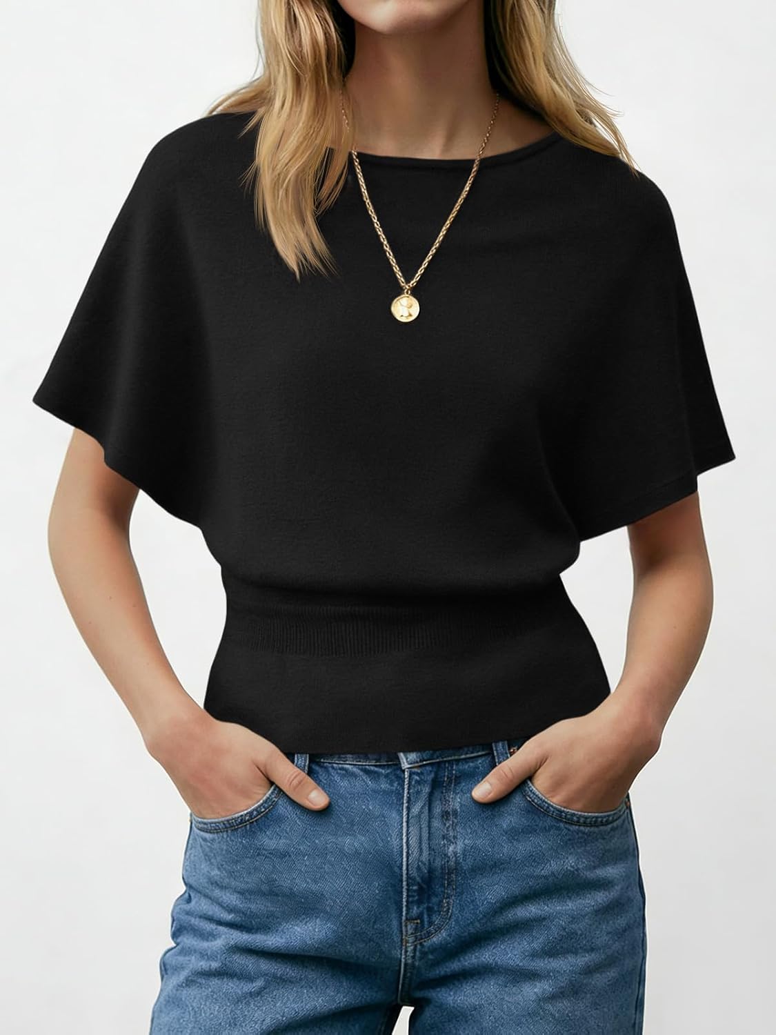 Saodimallsu Womens Boat Neck Summer Tops Batwing Dolman Short Sleeve Trendy Ribbed Knit Cinched Waist Knit Sweater Top - Image 2