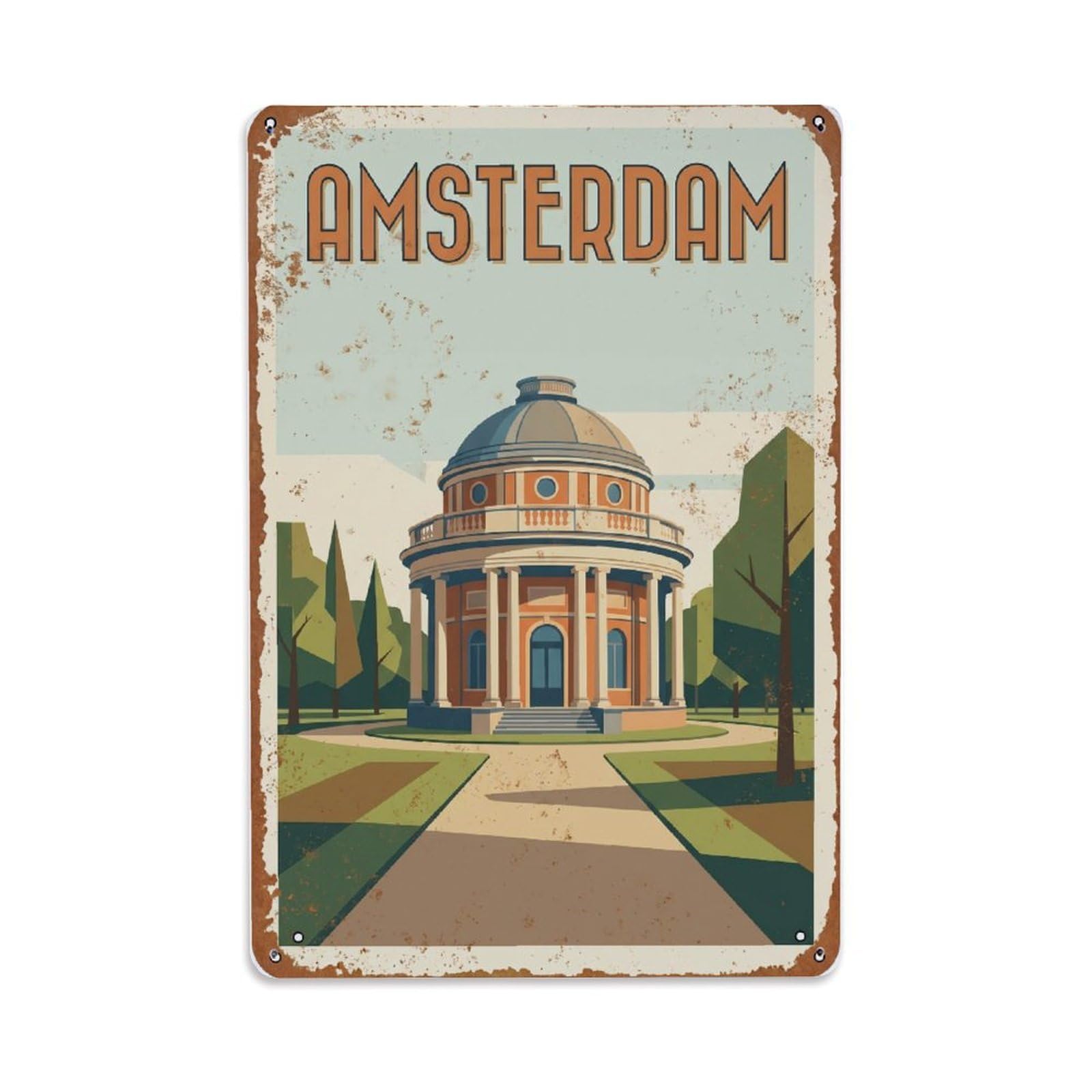 Vintage Travel Rotunda Netherlands Circular Metal Tin Sign Plaque Wall Decor for Cafe, Club Bar, Office, Home Garden Metal Poster 8x12Inch