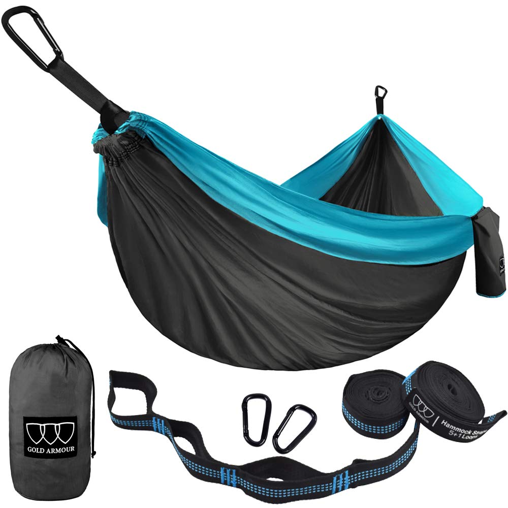 Gold ArmourCamping Hammock - Portable Hammock Single Hammock Camping Accessories Gear for Outdoor Indoor Adult Kids, USA Based Brand (Gray & Blue)