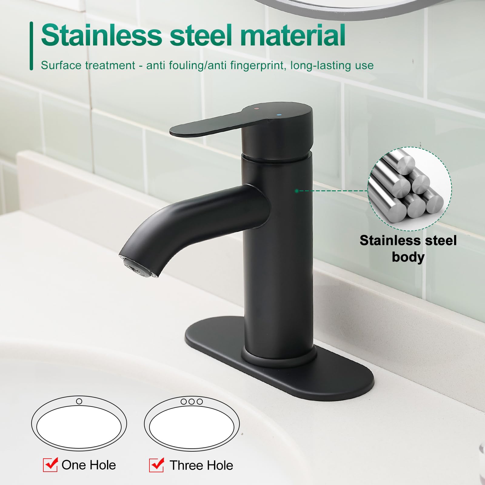 Grifo de Lavabo de baño Negro Mate, Monomando de Acero Inoxidable para lavabos de 1 o 3 Orificios con encimera, desagüe emergente y mangueras de Suministro.