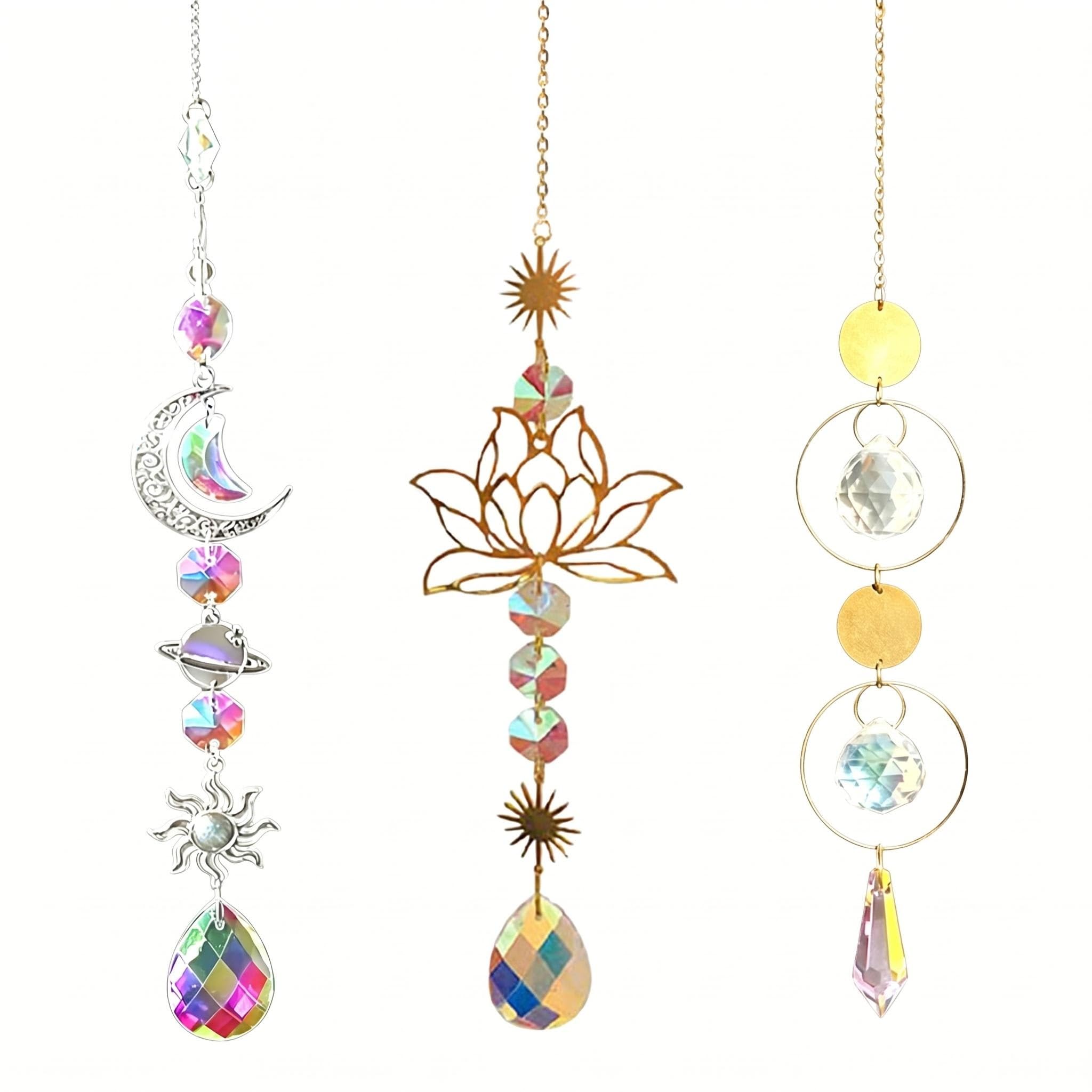 3 Pack Crystal Suncatcher Wind Chimes, Lotus Flower Moon Star Sun Catcher with Crystal Prism