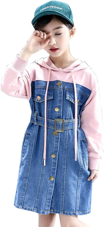 Amazon Happyjp 子供服 女の子 ワンピース 切り替え デニム ワンピース 長袖 フード付き カジュアル 春 通学 ワンピース チュニック 通販