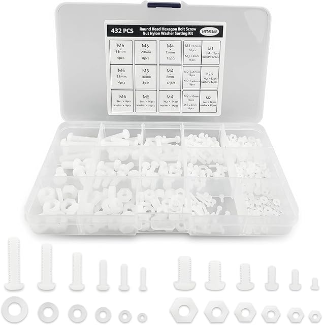 432PCS Round Head Hexagon Bolt Screw Nut Nylon Washer Sorting Kit with a Plastic Box M2 M2.5 M3 M4 M5 M6(White)