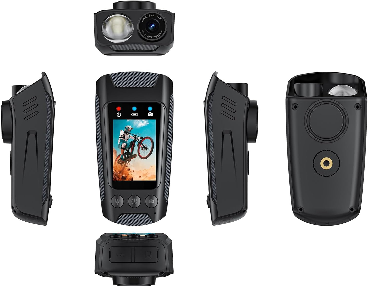 Multiple views of the Andoer Cycling Camera, including front, back, side, and top views