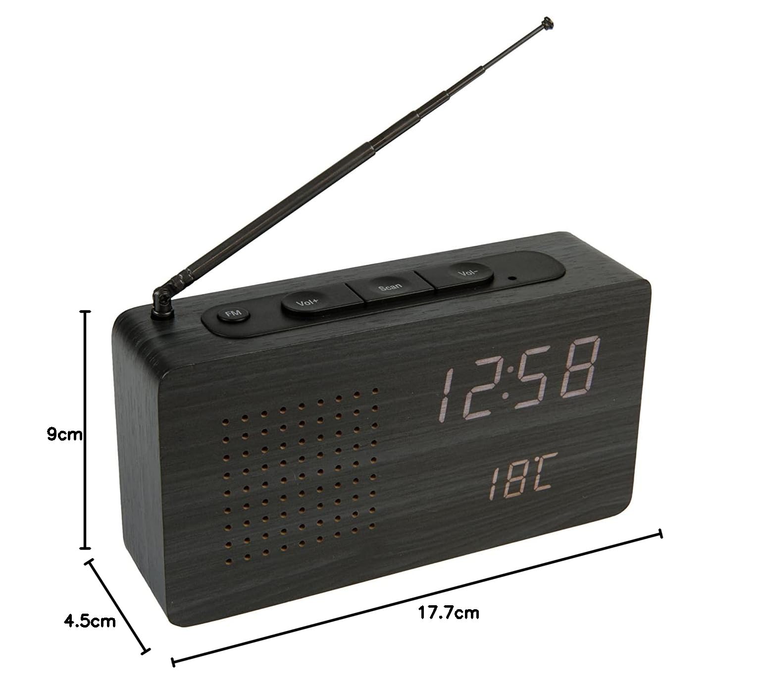 fisura. - Radio-réveil Noir. Radio Portable de Table. Réveil Vintage avec Radio 17,7 x 4,5 x 9 centimètres. Matériau : Bois.