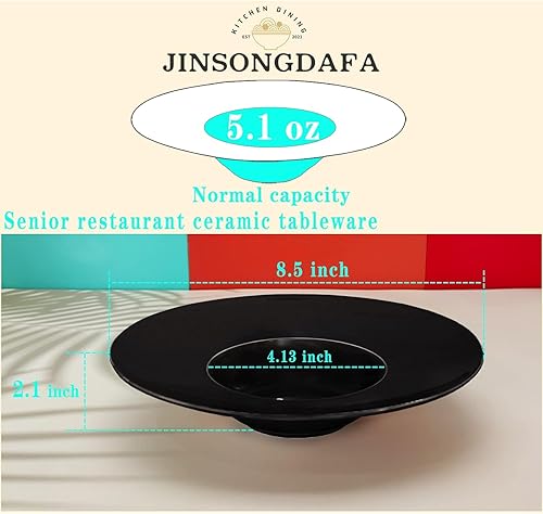 Miniatura 2 de Cuencos de sopa con borde de cerámica de 5.1 onzas, color negro de 8.5 pulgadas, exquisito plato de sopa pequeño, juego de 4, platos de pasta con