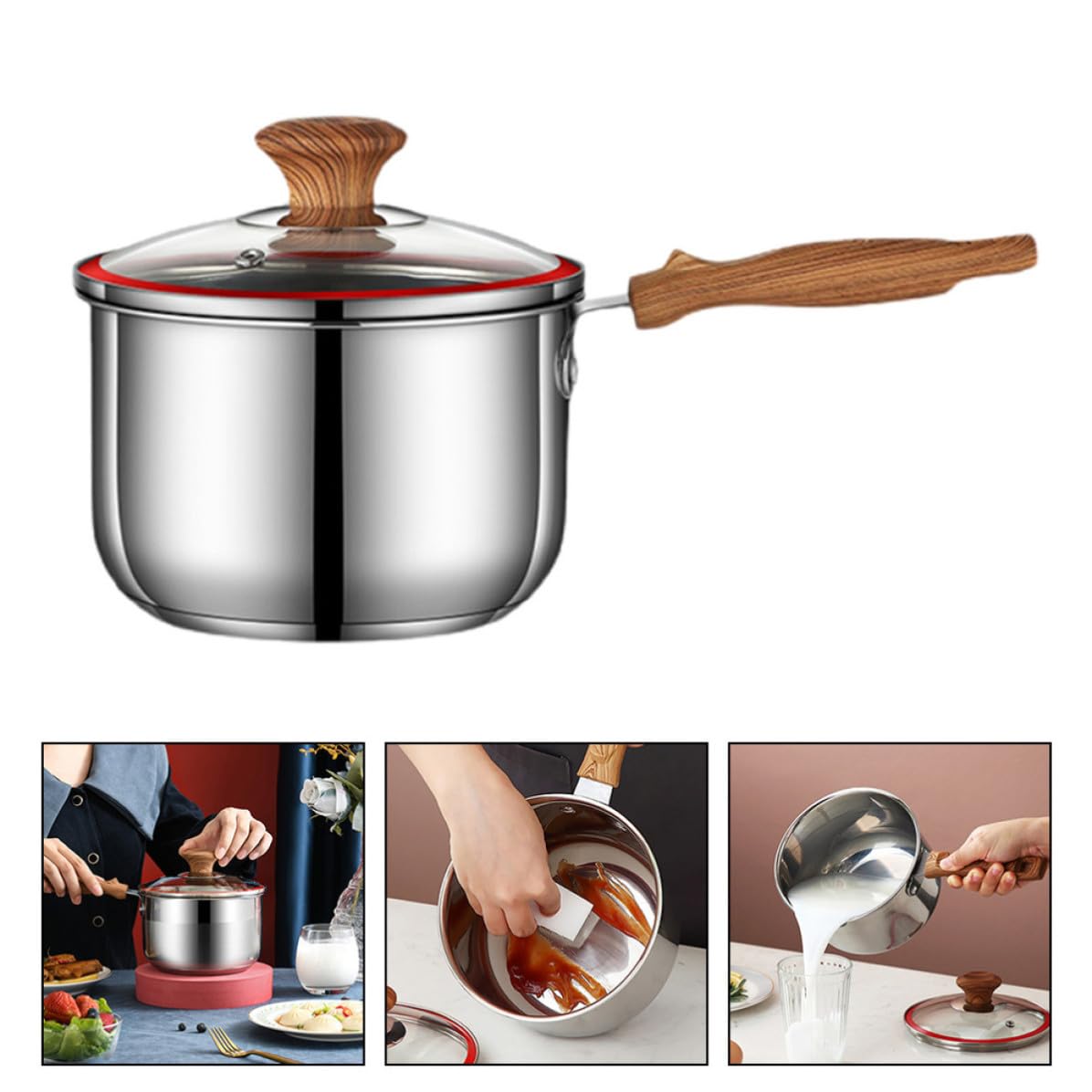 Olla de Leche de Acero Inoxidable para Cocinar Alimentos Infantiles con Mango de Madera Cómodo Rebabas, Adecuado para Preparar Sopas y Guisos en Casa