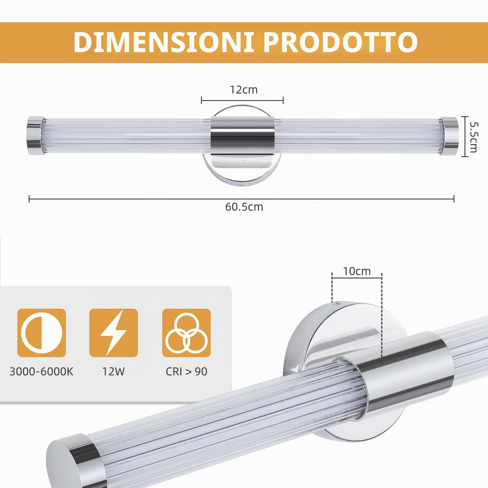 Lampada a LED da Parete per Interni Applique da 12W per Bagno 60.5cm Applique parete Temperatura di colore regolabile Luce parete Cromo Lampada da Quadro per Soggiorno Camera da Letto Cucina